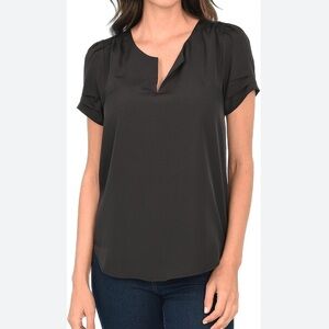 DR2 forest green split neck short sleeve silky loose fit tunic blouse size Large